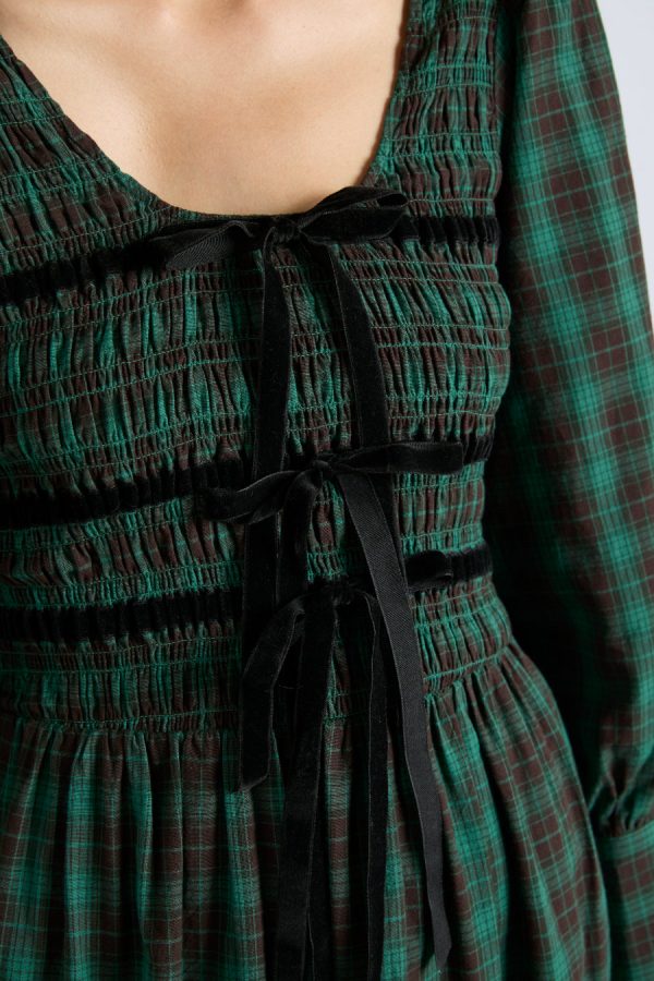 elle shirred midi dress - green check - Image 2
