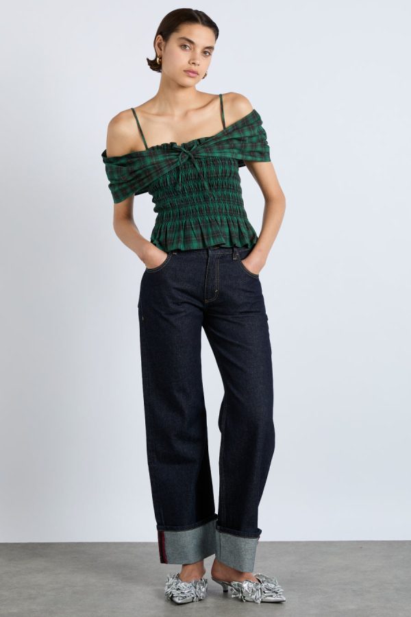 elsa shirred bardot cami - green check - Image 3
