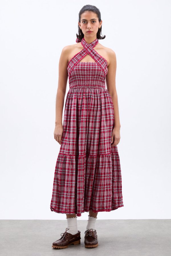 pia midi dress - red check