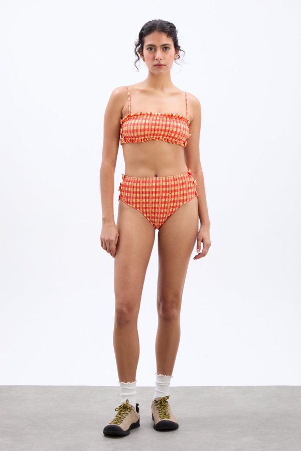 shirred bow high bikini bottoms - orange gingham - Image 5